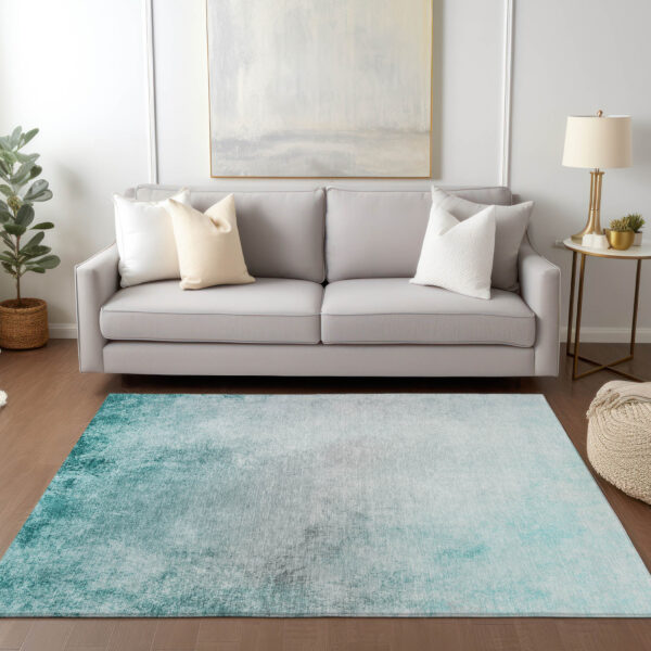3' X 5' Teal Blue Aqua And Gray Ombre Washable Indoor Outdoor Area Rug
