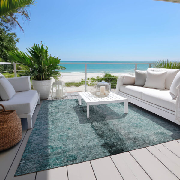 5' X 8' Teal Blue Aqua And Charcoal Abstract Washable Indoor Outdoor Area Rug