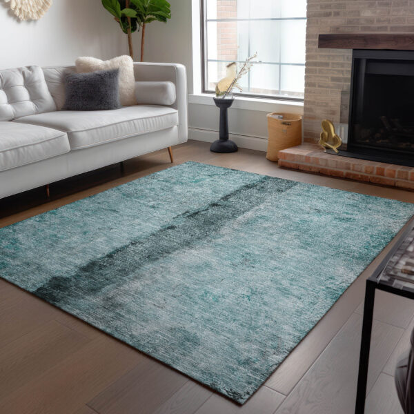 5' X 8' Teal Blue Aqua And Charcoal Abstract Washable Indoor Outdoor Area Rug