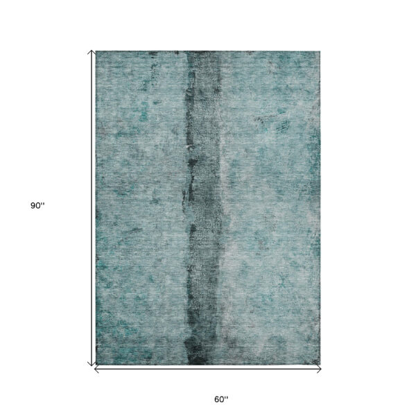 5' X 8' Teal Blue Aqua And Charcoal Abstract Washable Indoor Outdoor Area Rug