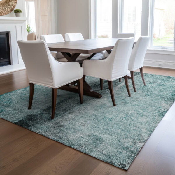 5' X 8' Teal Blue Aqua And Charcoal Abstract Washable Indoor Outdoor Area Rug
