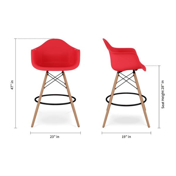 28" Red And Brown Heavy Duty Plastic And Solid Wood Low Back Counter Height Bar Chair
