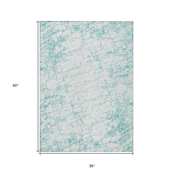 3' X 5' Teal Blue And Ivory Abstract Washable Indoor Outdoor Area Rug