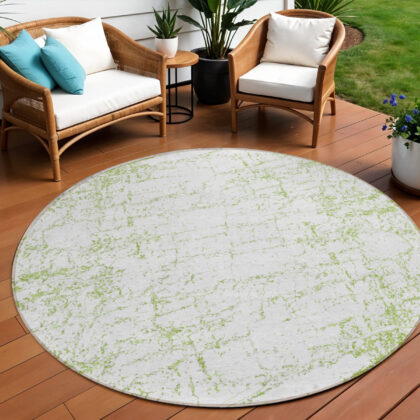 8' Green And Ivory Round Abstract Washable Indoor Outdoor Area Rug