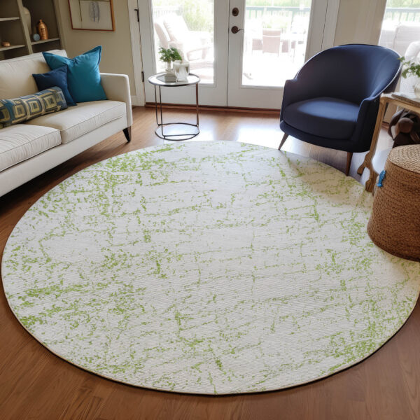 8' Green And Ivory Round Abstract Washable Indoor Outdoor Area Rug