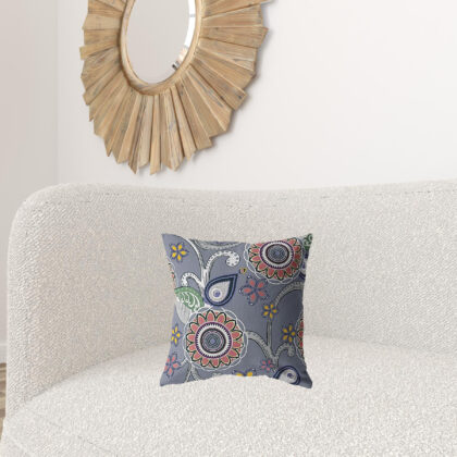 16” Gray Pink Floral Suede Zippered Throw Pillow