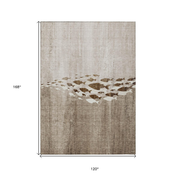 10' X 14' Taupe Brown And Khaki Nautical Washable Indoor Outdoor Area Rug