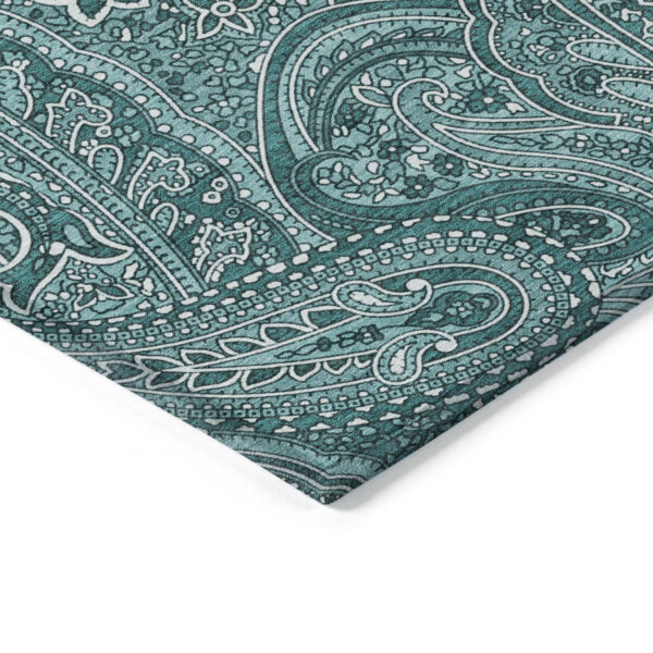 8' X 10' Teal Blue Aqua And Ivory Paisley Washable Indoor Outdoor Area Rug