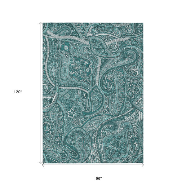 8' X 10' Teal Blue Aqua And Ivory Paisley Washable Indoor Outdoor Area Rug