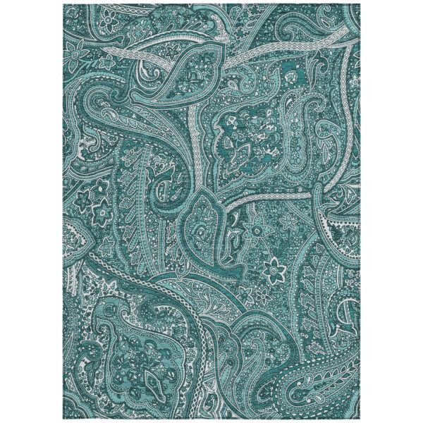 8' X 10' Teal Blue Aqua And Ivory Paisley Washable Indoor Outdoor Area Rug