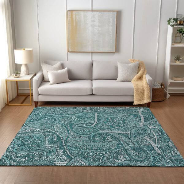 8' X 10' Teal Blue Aqua And Ivory Paisley Washable Indoor Outdoor Area Rug