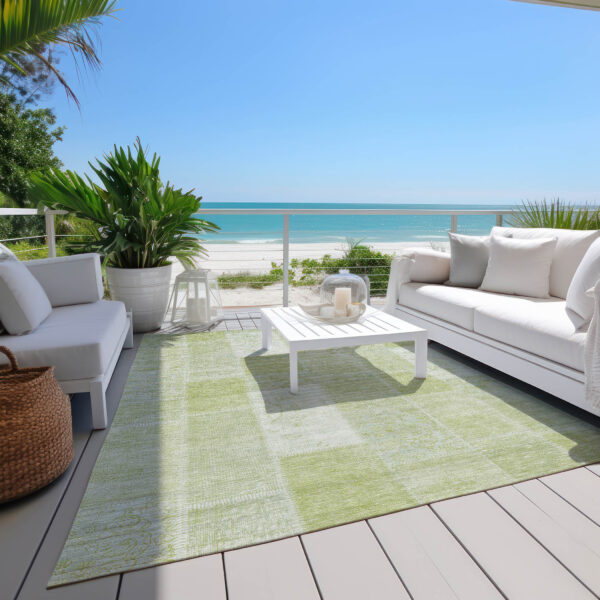 10' X 14' Artichoke Green And Ivory Patchwork Washable Indoor Outdoor Area Rug