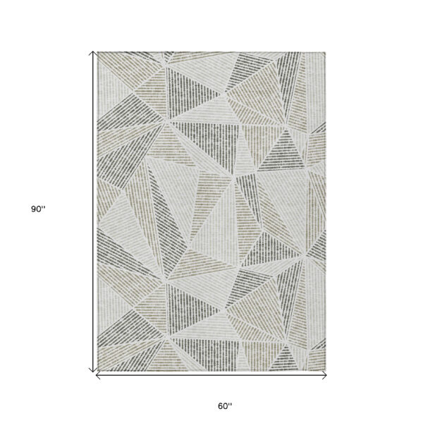 5' X 8' Taupe Brown And Beige Geometric Washable Indoor Outdoor Area Rug