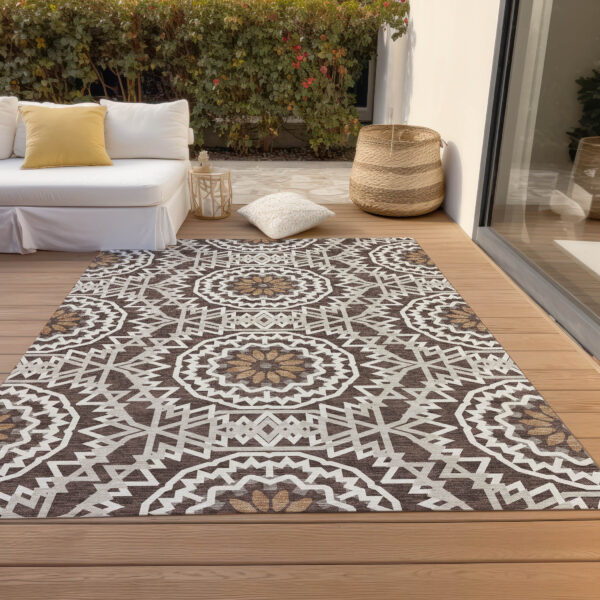 8' X 10' Chocolate Ivory And Taupe Floral Medallion Washable Indoor Outdoor Area Rug