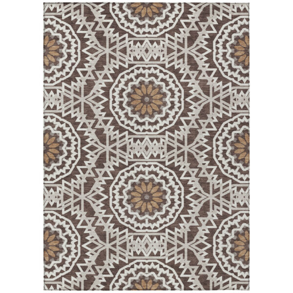 8' X 10' Chocolate Ivory And Taupe Floral Medallion Washable Indoor Outdoor Area Rug