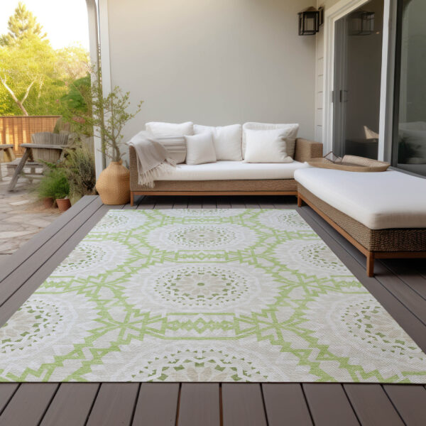 9' X 12' Artichoke Green Olive Green And Tan Floral Medallion Washable Indoor Outdoor Area Rug