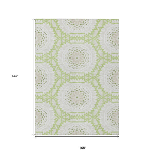 9' X 12' Artichoke Green Olive Green And Tan Floral Medallion Washable Indoor Outdoor Area Rug