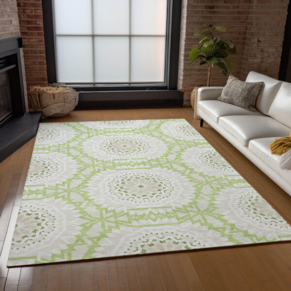 9' X 12' Artichoke Green Olive Green And Tan Floral Medallion Washable Indoor Outdoor Area Rug