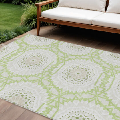 9' X 12' Artichoke Green Olive Green And Tan Floral Medallion Washable Indoor Outdoor Area Rug
