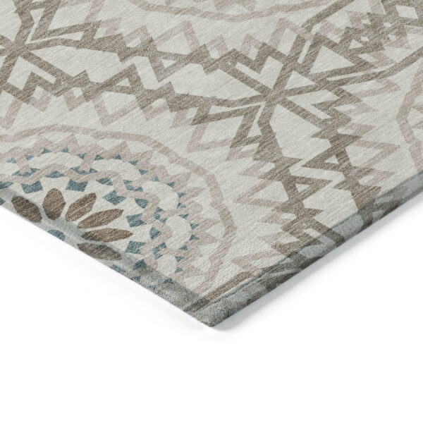 3' X 5' Beige Brown And Teal Blue Floral Medallion Washable Indoor Outdoor Area Rug