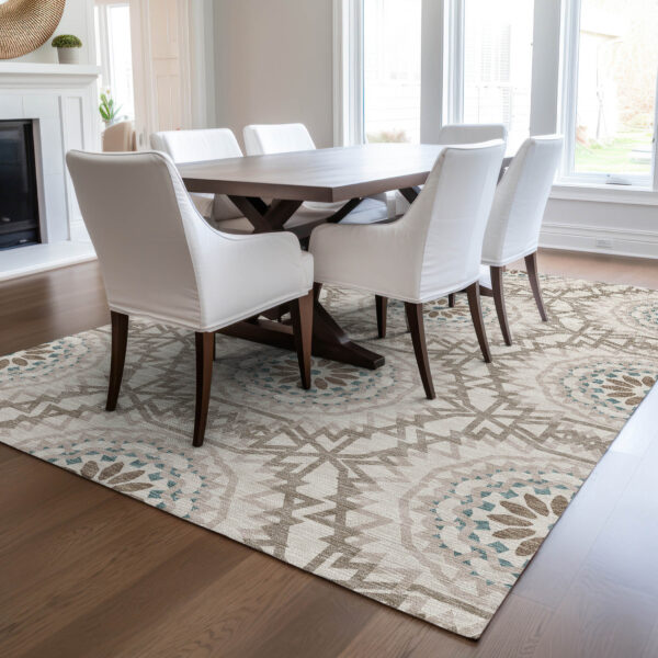 3' X 5' Beige Brown And Teal Blue Floral Medallion Washable Indoor Outdoor Area Rug