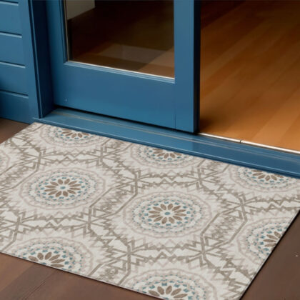 3' X 5' Beige Brown And Teal Blue Floral Medallion Washable Indoor Outdoor Area Rug