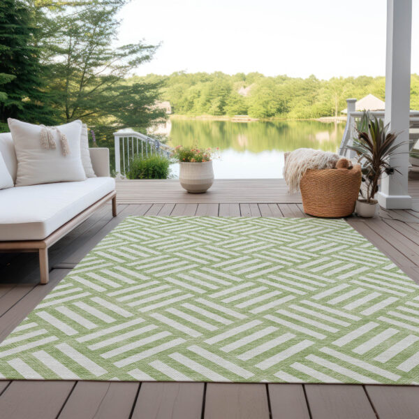 3' X 5' Artichoke Green And Ivory Geometric Washable Indoor Outdoor Area Rug