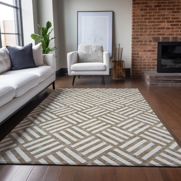 5' X 8' Brown And Ivory Geometric Washable Indoor Outdoor Area Rug