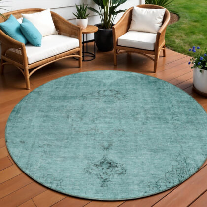 8' Teal Blue Turquoise And Charcoal Round Oriental Washable Indoor Outdoor Area Rug