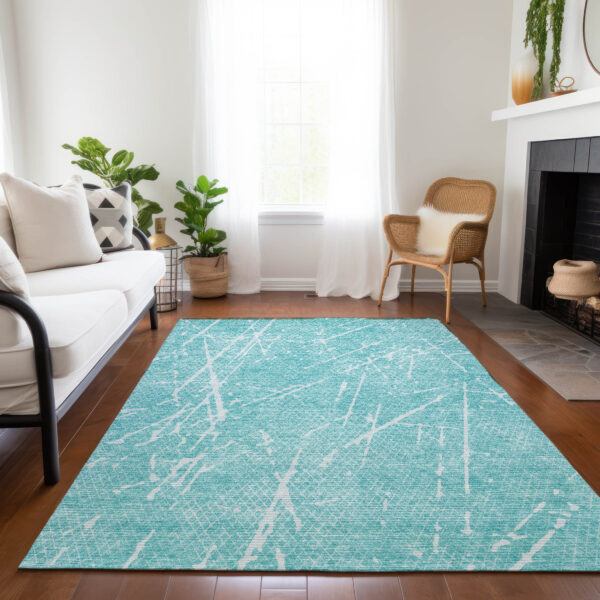 3' X 5' Teal Blue And Ivory Abstract Washable Indoor Outdoor Area Rug