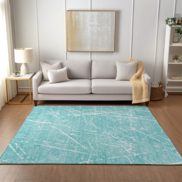 3' X 5' Teal Blue And Ivory Abstract Washable Indoor Outdoor Area Rug