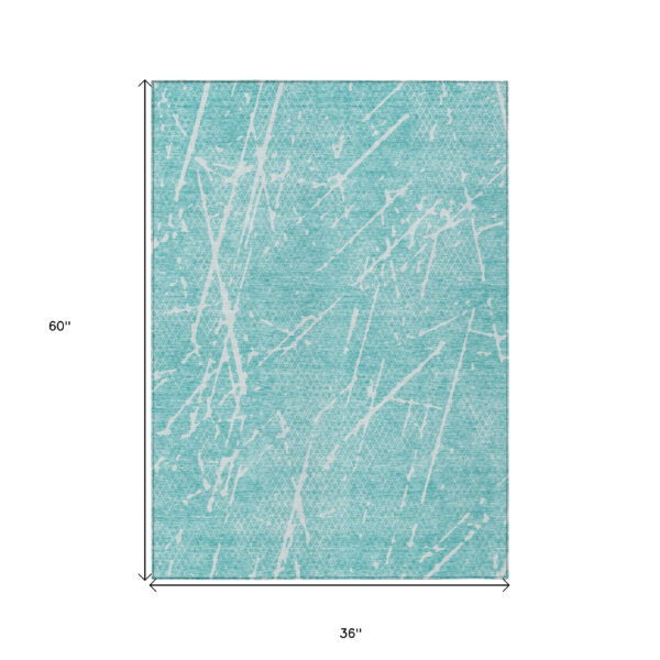 3' X 5' Teal Blue And Ivory Abstract Washable Indoor Outdoor Area Rug