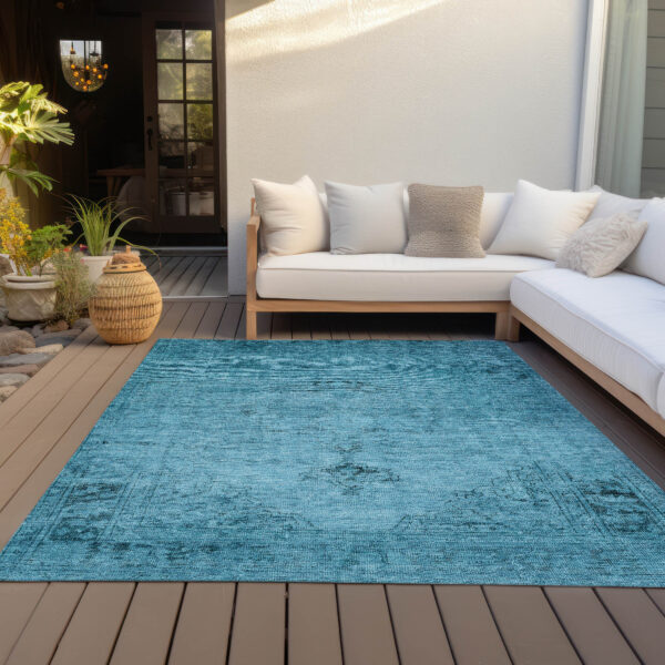 5' X 8' Denim Blue And Navy Blue Oriental Washable Indoor Outdoor Area Rug
