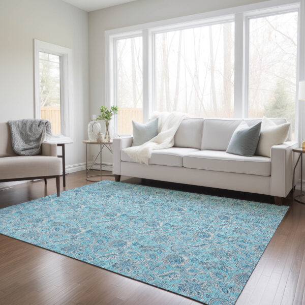 3' X 5' Aqua Blue And Silver Floral Washable Indoor Outdoor Area Rug