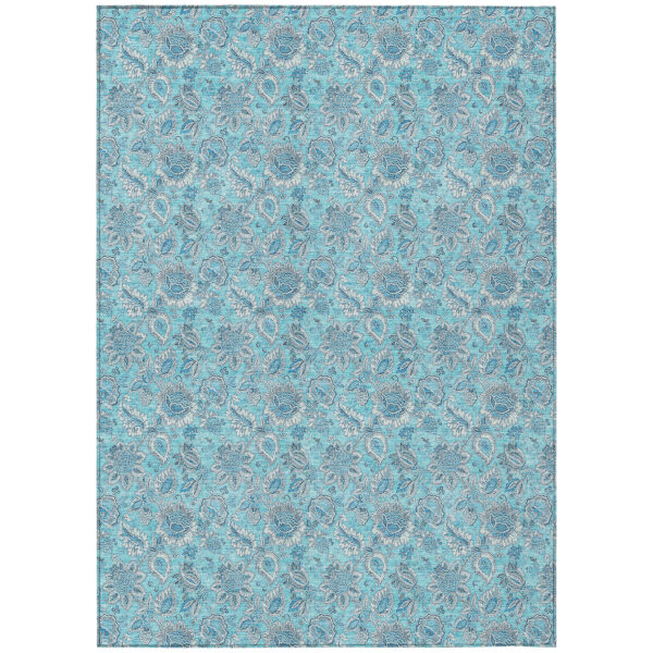 3' X 5' Aqua Blue And Silver Floral Washable Indoor Outdoor Area Rug
