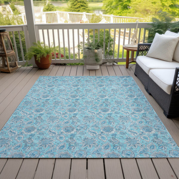 3' X 5' Aqua Blue And Silver Floral Washable Indoor Outdoor Area Rug