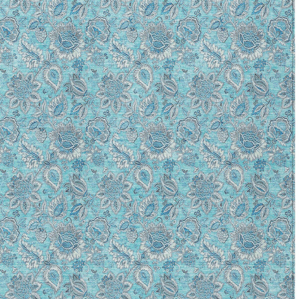 3' X 5' Aqua Blue And Silver Floral Washable Indoor Outdoor Area Rug