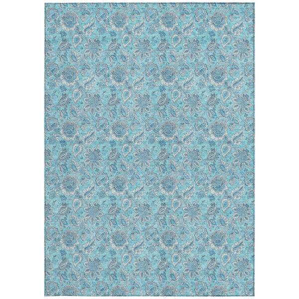 3' X 5' Aqua Blue And Silver Floral Washable Indoor Outdoor Area Rug