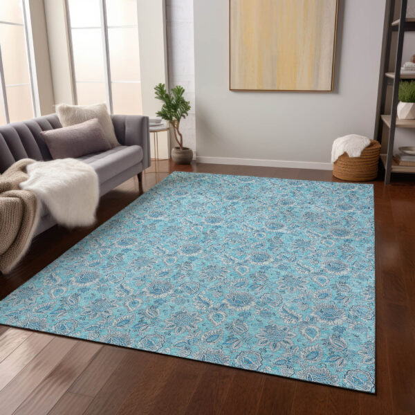 3' X 5' Aqua Blue And Silver Floral Washable Indoor Outdoor Area Rug