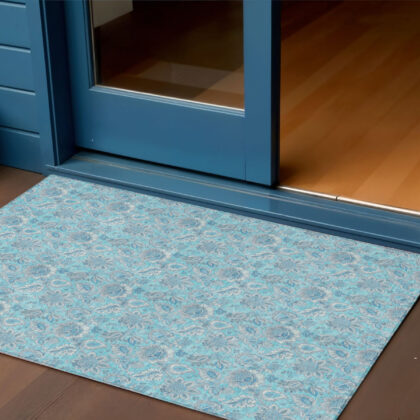 3' X 5' Aqua Blue And Silver Floral Washable Indoor Outdoor Area Rug