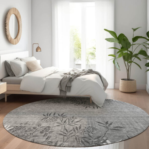 8' Gray Charcoal And Ivory Round Floral Washable Indoor Outdoor Area Rug