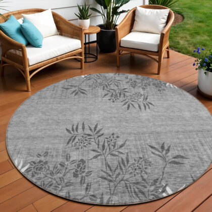 8' Gray Charcoal And Ivory Round Floral Washable Indoor Outdoor Area Rug