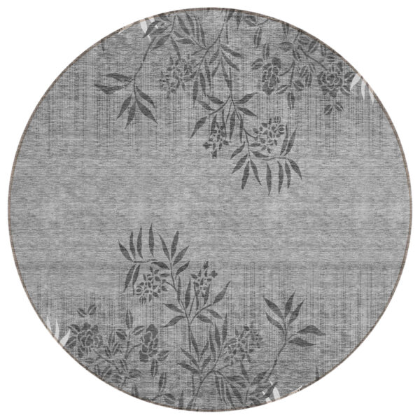 8' Gray Charcoal And Ivory Round Floral Washable Indoor Outdoor Area Rug