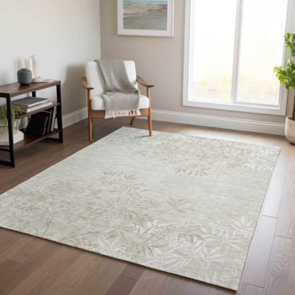 3' X 5' Beige Tan And Ivory Floral Washable Indoor Outdoor Area Rug