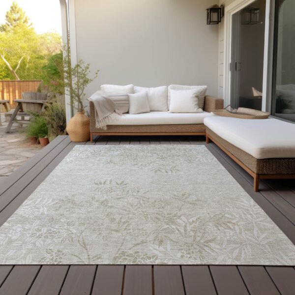 3' X 5' Beige Tan And Ivory Floral Washable Indoor Outdoor Area Rug