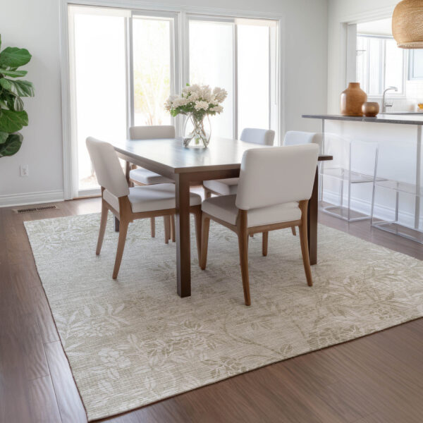 3' X 5' Beige Tan And Ivory Floral Washable Indoor Outdoor Area Rug