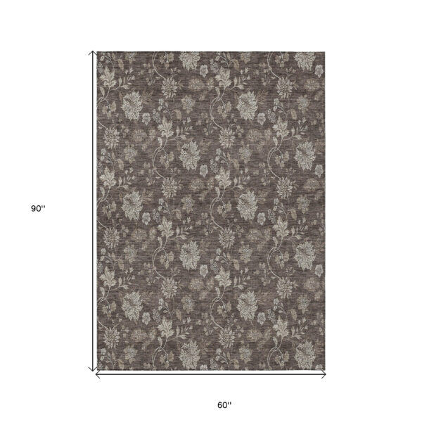 5' X 8' Chocolate Beige And Taupe Floral Washable Indoor Outdoor Area Rug