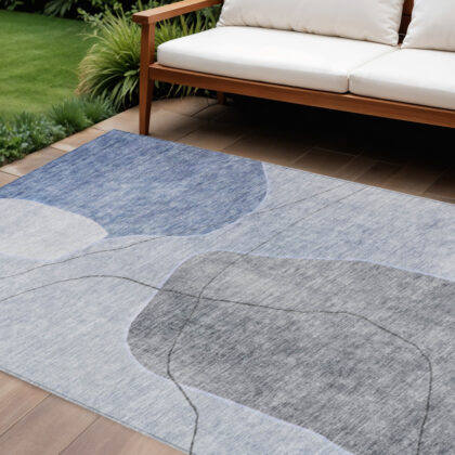 8' X 10' Denim Blue And Sky Blue Abstract Washable Indoor Outdoor Area Rug