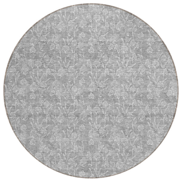 8' Silver And Ivory Round Floral Washable Indoor Outdoor Area Rug