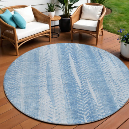 8' Sky Blue And Denim Blue Round Botanical Leaves Washable Indoor Outdoor Area Rug